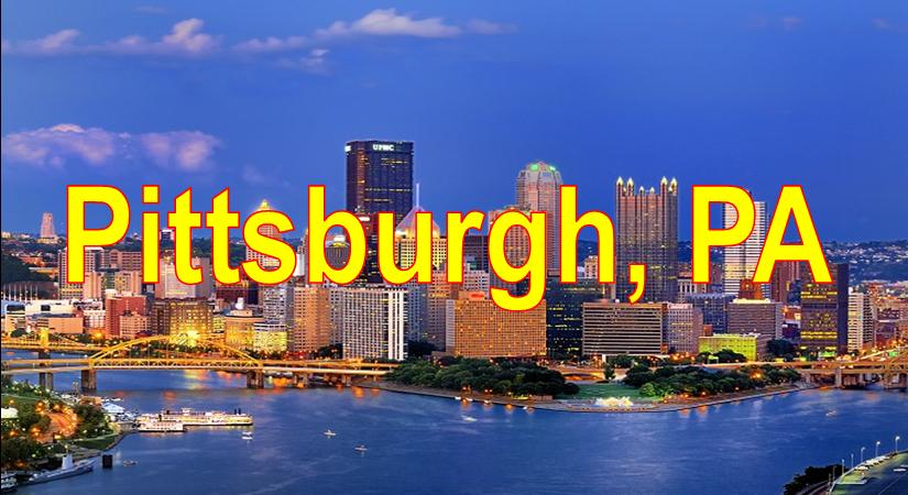 City of Pittsburgh Skyline showing 3 rivers blue sky background and Pittsburgh Market Area Served