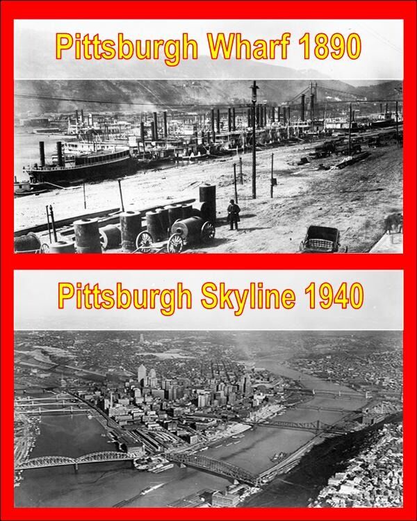 Pittsburgh Wharf in 1890 and Pittsburgh Skyline with 3 rivers in 1940
