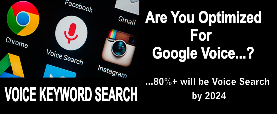 Voice Keyword Search with many Google logos, and a black background & are you optimized for Google Voice? 80% will be Voice Search by 2024